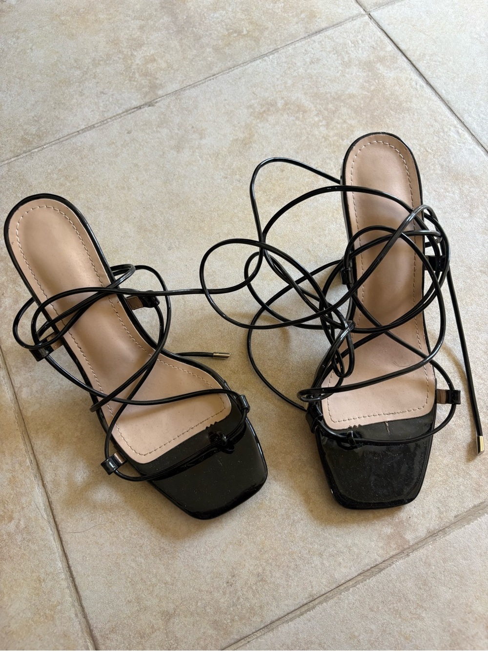 Women's Black Lace-Up Square Toe Heeled Sandals